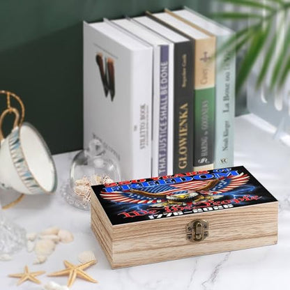 250 Years Of Freedom 1776 2026 American Eagle Flag Jewelry Box Wooden Rustic Multi-Purpose Organizer with Front Clasp for Jewelry, Crafts, Accessories & Small Items - color: style