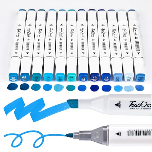12Pcs Alcohol Markers Pure Color Series,Chisel & Fine Dual Tip Art Solid Color Markers Set for Adults Beginner Drawing Sketching Illustration (Blue) - color: Blue