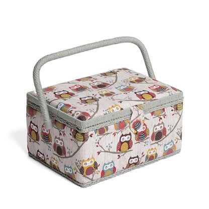Hobby Gift Medium Sewing Box Organiser, Fabric Covered Storage Box with Handle, Internal Tray, Pin Cushion and Pocket for Sewing, Quilting and Knitting Supplies - color: Hoot