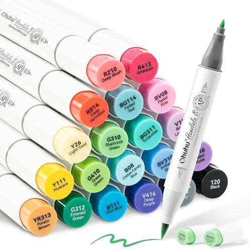 Ohuhu Alcohol Markers Brush Tip, AP Certificated 24 Basic Colors Double Tipped Alcohol Based Art Marker Set for Artist Sketching Adult Coloring Illustration - Brush and Fine Dual Tips - Honolulu B - style: Brush & Fine