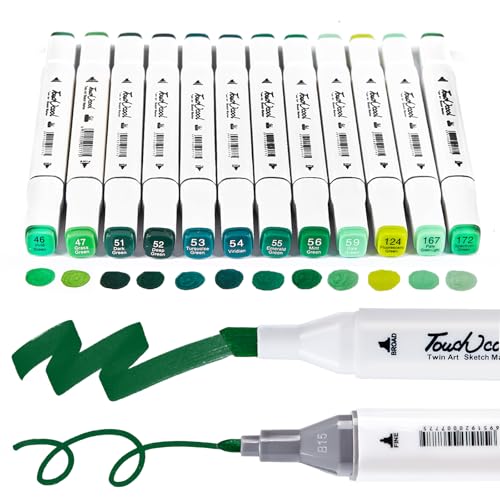 12Pcs Alcohol Markers Pure Color Series,Chisel & Fine Dual Tip Art Solid Color Markers Set for Adults Beginner Drawing Sketching Illustration (Green) - color: Green