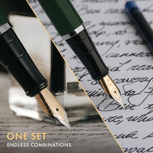 Wordsworth & Black Fountain Pen Set,18K Gilded Medium and Extra Fine Nib,25ML Black Ink Bottle,6 Ink Cartridges,Refill Converter,Gift Box,Smooth Writing Pens [Green Chrome],Gift Set for Men and Women - color: Green Chrome