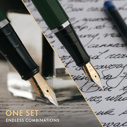 Wordsworth & Black Fountain Pen Set,18K Gilded Medium and Extra Fine Nib,25ML Black Ink Bottle,6 Ink Cartridges,Refill Converter,Gift Box,Smooth Writing Pens [Green Chrome],Gift Set for Men and Women - color: Green Chrome