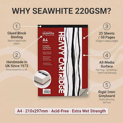 Seawhite 220gsm Heavy All-Media Cartridge Pad by Seawhite Of Brighton,A4-297 x 210mm,PAD220A4