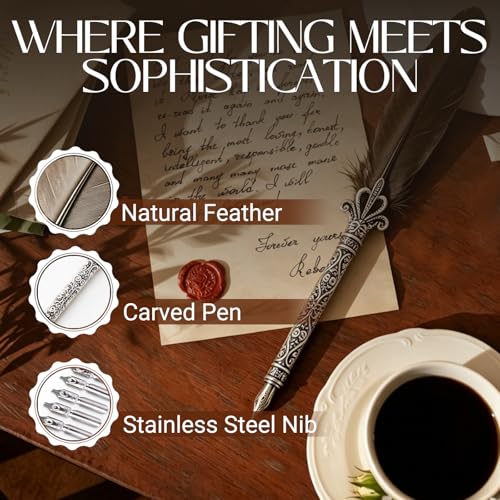 Joyeee Grey Writing Quill and Ink Set, With Elegant Antique Feather Fountain Dip Pen, Black Ink Pot, Stainless Steel Nibs, Collectible Keepsake Gift Box, Nice Luxury Office Gift for Colleagues Clients - color: Grey Quill Pen Set