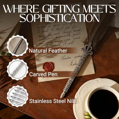 Joyeee Grey Writing Quill and Ink Set, With Elegant Antique Feather Fountain Dip Pen, Black Ink Pot, Stainless Steel Nibs, Collectible Keepsake Gift Box, Nice Luxury Office Gift for Colleagues Clients - color: Grey Quill Pen Set