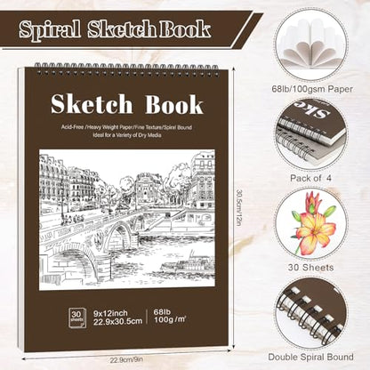 4 Pack Sketch Book, 9 x 12 Inch Sketchbook, 68lb/100gsm Top Spiral Bound Sketch Pad, Acid Free Art Supplies Drawing Painting Sketching Paper for Kids, Beginners, Artists (Tan) - color: Tan, size: 9 × 12Inch（4 Pack）