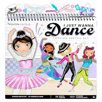 Fashion Angels I Just Wanna Dance Fashion Sketch Set, Create Dance-Themed Outfits with 35 Sketch Pages, 100+ Stickers & Stencils, Fun Craft Kit for Kids - color: I Just Wanna Dance