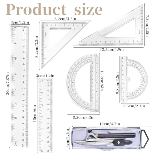 1 Set Plastic Geometry Math Set, Measuring Tool Includes Clear Ruler 12 Inch 6 Inch 6 and 3.8 Inches Protractor 45/60 Degree Triangle Rulers Compass for Office Drawing Drafting Engineering