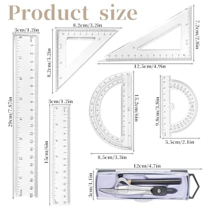 1 Set Plastic Geometry Math Set, Measuring Tool Includes Clear Ruler 12 Inch 6 Inch 6 and 3.8 Inches Protractor 45/60 Degree Triangle Rulers Compass for Office Drawing Drafting Engineering