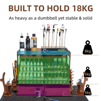 OPHIR Paint Organizer, Wooden 104 Holes Paint Holder with 26 Brush Holes, 1 Brush Holder with 6 Slots, 2 Painting Handles, 2 Drawers for Miniature Paints Storage, Paint Holes Dia.1.02 & 1.42 Inches - color: (Dia.1.02" & 1.42")104 Paint Holes+2x Paint Brus