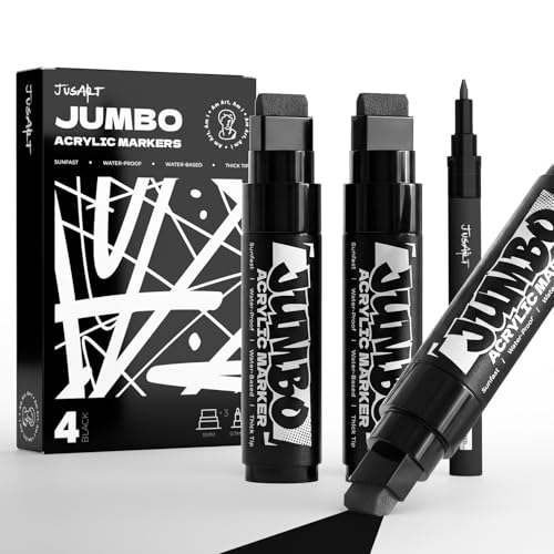 JusArt 4 Pcs Black Jumbo Poster Marker Set, 15mm Wide Tip and 0.7mm Fine Tip, Acrylic Paint Markers for Rock, Fabric, Glass, Metal, Wood - color: Black