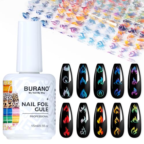 BURANO Nail Art Nail Foil Glue Gel, o.5 oz with 10PCS Foil Stickers Set Nail Foil Glue for Nails Foil Transfer Gel, Nail Design DIY UV LED Lamp Required (Fire 21) - color: Fire 21