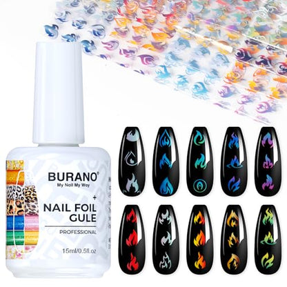 BURANO Nail Art Nail Foil Glue Gel, o.5 oz with 10PCS Foil Stickers Set Nail Foil Glue for Nails Foil Transfer Gel, Nail Design DIY UV LED Lamp Required (Fire 21) - color: Fire 21