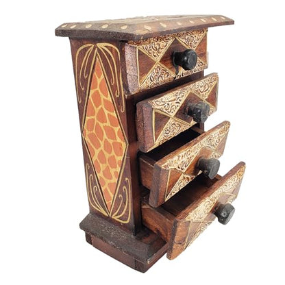 Hand-Carved Wooden Keepsake Box Collection – Decorative Rustic Storage Box, Jewelry Box, Trinket Organizer, Handmade Artisan Wood Home Décor (Drawers) - size: Drawers