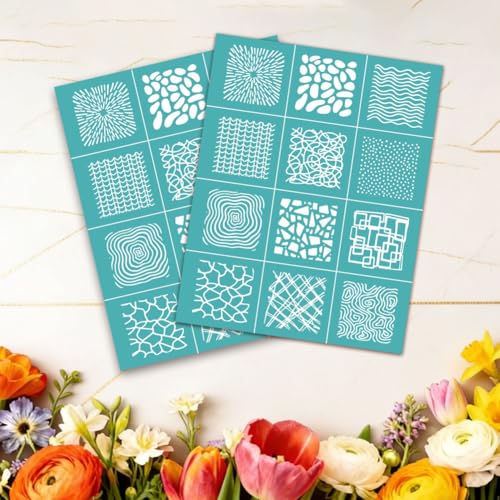2 Sheets Abstract Texture Silk Screen Stencil, Square Geometric Self-Adhesive Silk Screen Printing Stencils Reusable Mesh Stencil for Painting on Wall, Wood, T-Shirt, Home Craft Decor - style: Checkered Texture