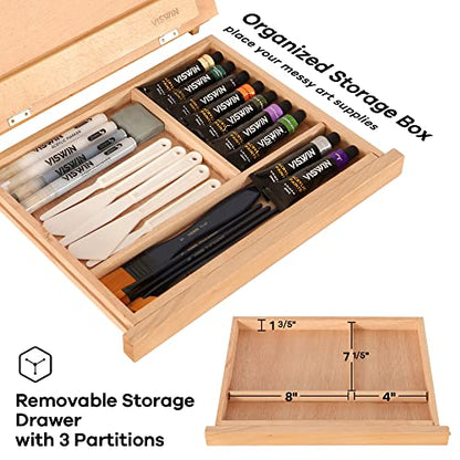 VISWIN Tabletop Easel with Storage Drawer & Palette, Adjustable Portable Beech Wood Sketch Box Table Top Easel for Painting, Desktop Travel Art Easel for Adults, Artists, Students - size: With 1 drawer & wood palette