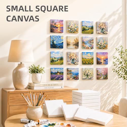 CONDA 24 Pack 4x4 Inch Mini Blank Canvas for Painting, 100% Cotton Stretched Canvas with Pinewood Frame, Acid-Free Primed Mini Square Canvas for Acrylic Oil Painting, Classroom Art & Party Decor - size: 4"x4",24pack