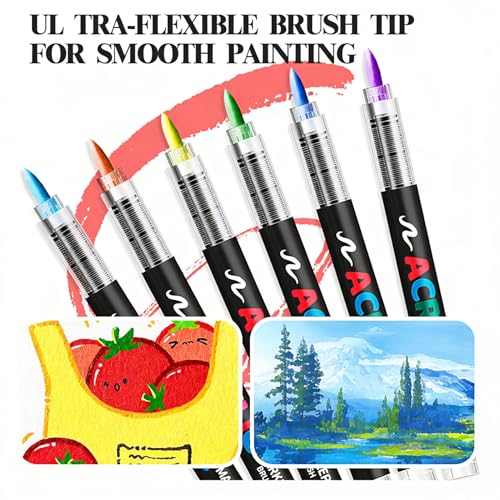 Bisofice Acrylic Paint Markers Set with Nylon Brush Tip Fast Drying Ink for Rock Glass Wood Ceramic Canvas Fabric Plastic Metal Tire Leather Smooth Coverage with 10pcs Elastic Nib (366)