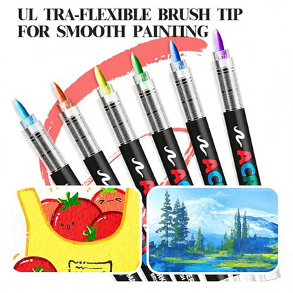 Bisofice Acrylic Paint Markers Set with Nylon Brush Tip Fast Drying Ink for Rock Glass Wood Ceramic Canvas Fabric Plastic Metal Tire Leather Smooth Coverage with 10pcs Elastic Nib (366)
