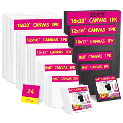 24 Pack Stretched Canvas Frames, 6 Sizes 4x4 to 16x20, Black & White Blank Canvases, Triple Primed 100% Cotton with Natural Cotton Seeds, Acid-Free, Warp-Resistant Canvas Frame for Acrylics & Oils - size: 4x4", 6x6", 8x8", 10x12", 12x16", 16x20" - 24Pack