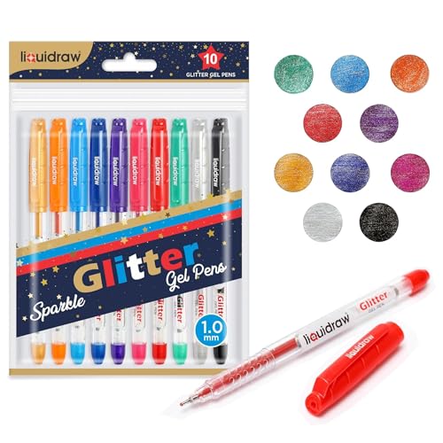 Liquidraw Glitter Gel Pens - Set of 10 Sparkly Metallic Colored Pens | Fine Tip 1.0 mm | Art & Craft Supplies for Kids & Adults | Perfect for Coloring Books, Black Paper, Card Making & Journaling