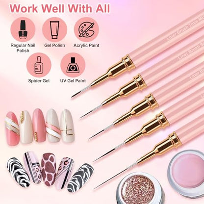 MUIIGOOD Nail Art Liner Brushes, 5Pcs Liner Brush For Nails, Painting Nail Art Brush Set Dotting Drawing Tool for Long Lines, Thin Details, UV Gel Polish Painting, Fine Drawing 7/9/11/15/25mm(Pink) - color: Pink
