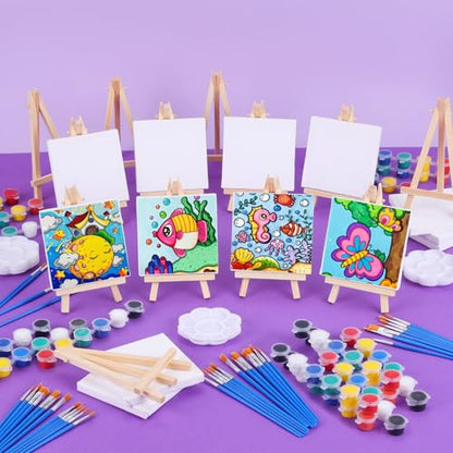 ESRICH 30 Pack Mini Acrylic Paint Kit,Canvas Painting Kit,4in Stretched Canva with 6in Easel,Acrylic Paint Strips,Palettes,Painting Brushes,Canva and Easel Set for Kids Artists Beginner,Gift - size: 30 set 4 x 4 inches