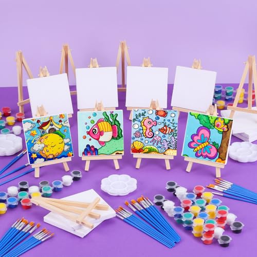 ESRICH 30 Pack Mini Acrylic Paint Kit,Canvas Painting Kit,4in Stretched Canva with 6in Easel,Acrylic Paint Strips,Palettes,Painting Brushes,Canva and Easel Set for Kids Artists Beginner,Gift - size: 30 set 4 x 4 inches