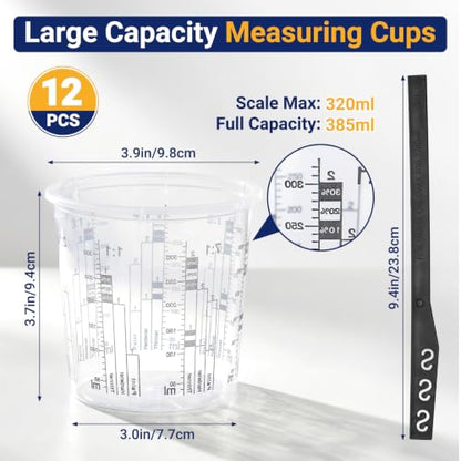 Gartful 12 Pack 10oz Clear Plastic Measuring Cups with 12 Stir Sticks, Disposable Graduated Mixing Cups with ml Scale & 3-Column Paint/Hardener/Thinner Mixing Ratios (1:1-7:1) for Epoxy Resin, Paint - size: 10oz / 320ml - 12 Set