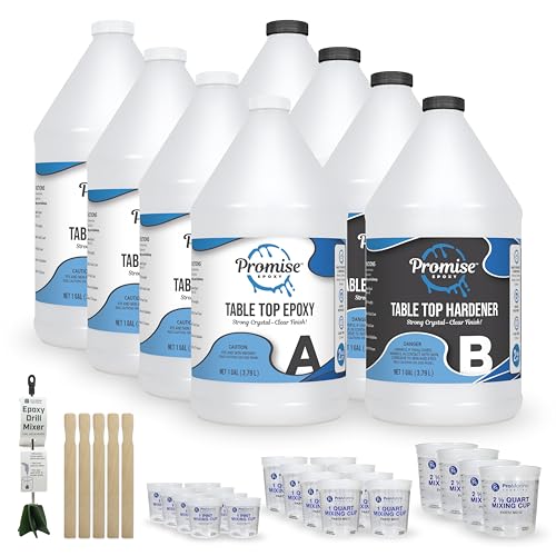 Promise Epoxy Table Top Epoxy Resin 8-Gallon Kit with Accessories – Clear Coat for Table Top Art with Mixing Cups, Stir Sticks, and Helix Drill Mixer