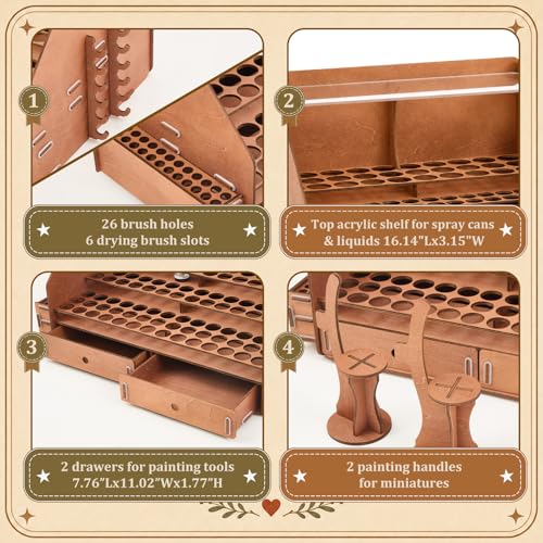 Colingmill 128 Holes Wooden Paint Organizer with Acrylic Storage Shelf 26 Brush Slots, 6 Drying Slots 2 Miniature Paint Handles 2 Drawers for Miniature Paints Storage 2oz and 17ml Bottles