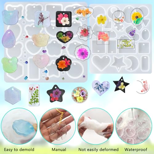 FineGood 2 Pcs Resin Molds Silicone with Keychain, Resin Keychain Molds Epoxy Resin Molds, Resin Jewelry Molds for Necklace Pendant Jewelry Making