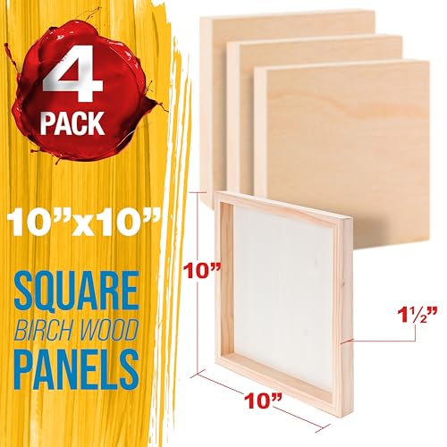 U.S. Art Supply 10" x 10" Unfinished Cradled Wood Panels for Painting, Gallery 1-1/2" Deep (4 Pack) - Artist Depth Birch Wooden Wall Canvases - Mixed-Media Craft, Acrylic, Oil, Paint Pouring - size: 10" x 10", style: Square
