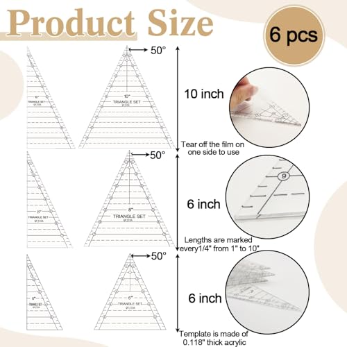 6 Set Tall Triangle Quilting Rulers for Quilting Templates 6 8 10 Inch Wedge Triangle Quilting Rulers and Templates, Sewing Templates for Sewing Cut Measurement DIY Craft Quilting Tools - size: quilting-6