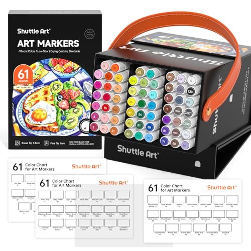 Shuttle Art 61 Colors Alcohol Markers, 60 Colors Dual Tip Art Marker Set Plus 1 Colorless Blender with Marker Case Perfect for Illustration Students Adult Coloring Sketching - color: 61 Colors
