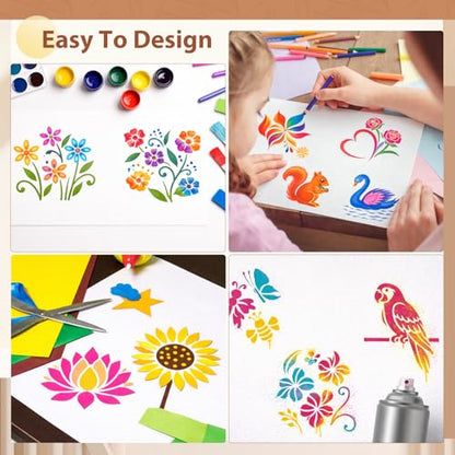 Marspark 72 Pcs Small Stencils for Crafts Reusable 3 Inch Stencils for Painting on Wood DIY Craft Paint Template for Wall Home Decor Card Rock Canvas Drawing Holiday (Flower Plants) - style: Flower Plants
