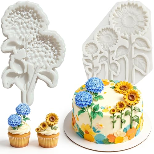 2Pcs Hydrangea Sunflower Silicone Molds Floral Flower Fondant Molds for Baking, Cake Decorating, Chocolate, Cupcake Toppers, Gum Paste, Candy Making Supplies, Botanical Wedding - color: Hydrangea silicone mold