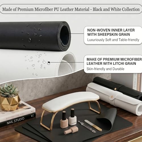 2 PCS Nail Art Table Mat, Soft Microfiber PU Leather Nail Pad, Foldable Nail Art Rest Pad, Reusable Nail Mat for Table Desk, Acrylic Nail Desk Mat for Nail Cushion (Black and White) - color: Black and White
