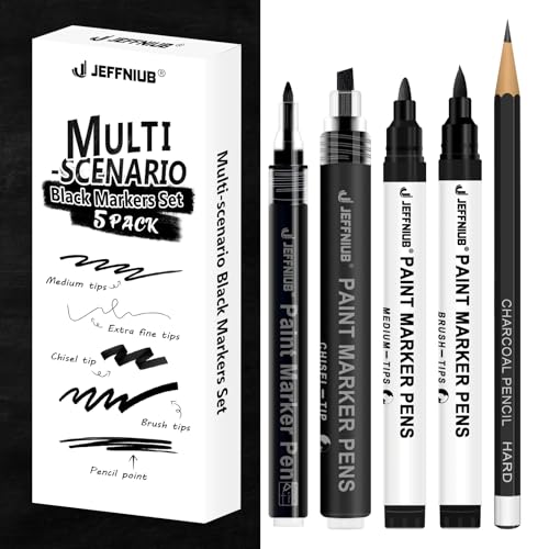 5 Black Paint Pens - Fine Tip, Brush Tip, Round Tip, Chisel tip & Pencil Point Pens, Black Acrylic Paint Markers for Rock Painting, Wood, Metal, Fabric, Canvas, Highlighting, Sketching