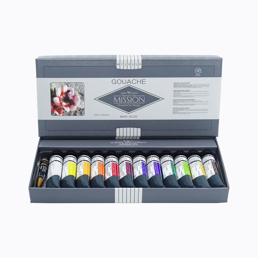 Mijello Mission Titanum Class Gouache Water Color Paint Good Pigmentation Tube for Drawing Art work & Craft_ MWG-1512G_12 Colors Set
