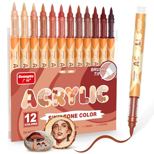 Guangna 12 Skin Tone Acrylic Paint Markers, Red Brown Brush Tip Acrylic Paint Pens for Pumpkin Paint, Rock Painting, Wood, Glass, Paper, Coloring Book, Ceramic, Canvas, DIY Crafts, Water-Based Ink - color: Red Brown