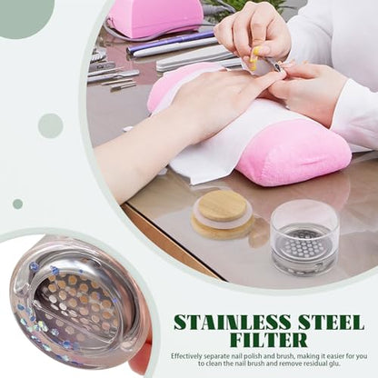 4 Pack Acrylic Nail Brush Cleaner Dappen Dish with Lid, Mesh Layered Nail Art Brush Monomer Liquid Wash Cup Glass Removal Jar for Sequins Glitter Powder, 1.5in High - color: 1.5in High