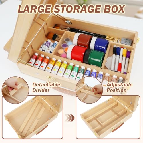 Tabletop Easel for Painting, Adjustable Beechwood Sketchbox with Large Capacity Storage, Portable Desktop Art Easel Stand, Travel Station with Detachable Shoulder Strap for Adults, Artists & Beginners