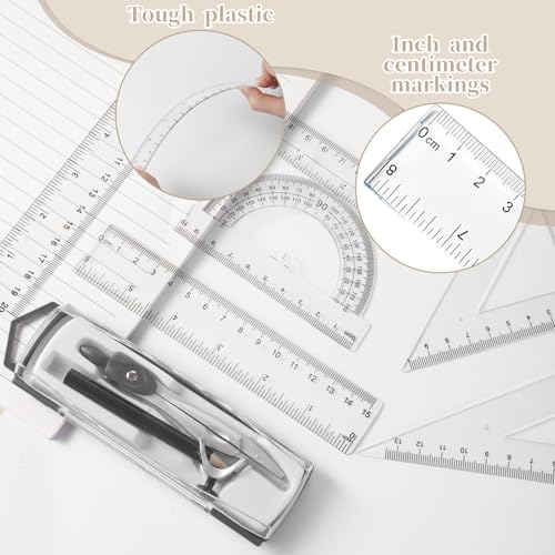 1 Set Plastic Geometry Math Set, Measuring Tool Includes Clear Ruler 12 Inch 6 Inch 6 and 3.8 Inches Protractor 45/60 Degree Triangle Rulers Compass for Office Drawing Drafting Engineering