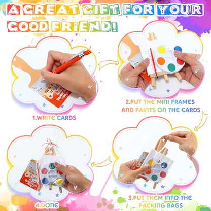 Skyygemm 24 Sets Valentines Day Gifts for Kids Valentines Cards Mini Painting Canvas Panel with Wooden Easel Watercolor Paints Brush Kit for School Classroom Exchange Gifts (Rainbow) - style: Rainbow