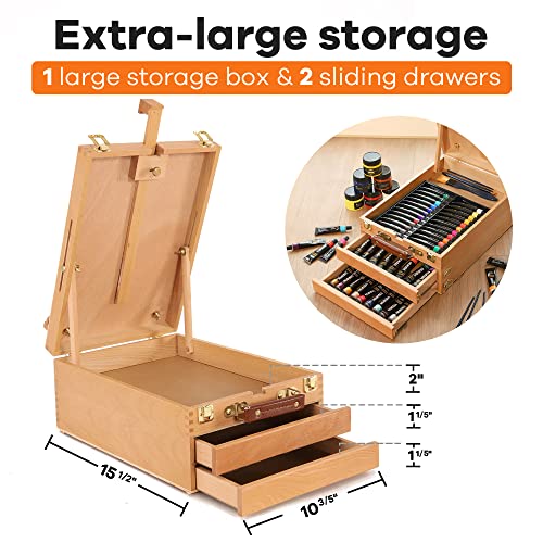 VISWIN Large Tabletop Easel Box with 3 Storage Drawers, Adjustable Portable Beech Wood Desktop Easel for Painting, Drawing, Plein-Air Art Sketchbox for Adults, Artists, Beginners, Hold Canvas to 25"