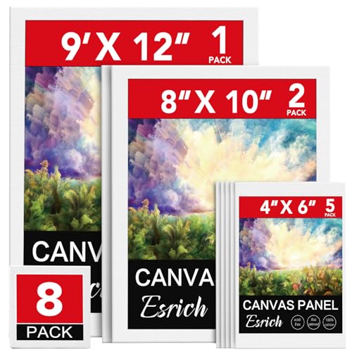 ESRICH Canvases for Painting 8Pack Painting Canvas with 9x12,8x10,4x6,Canvas Panels for Oil Paint,Watercolor,Acrylic Paint,Gouache and Tempera. - style: 8 pack canvas panel-3 size