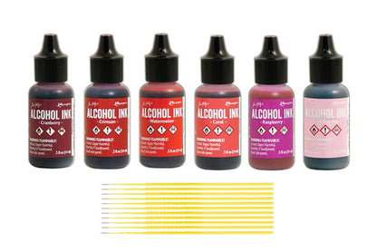 Ranger Alcohol Inks Set Bundles - 6 Bottles of Tim Holtz Alcohol Inks with Trebbies Fine Detail Sticks (Shades of RED) - color: Shades of Red