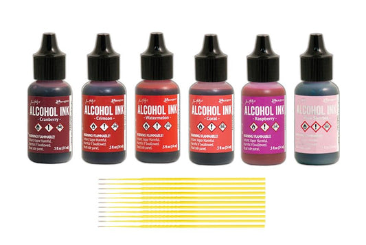 Ranger Alcohol Inks Set Bundles - 6 Bottles of Tim Holtz Alcohol Inks with Trebbies Fine Detail Sticks (Shades of RED) - color: Shades of Red